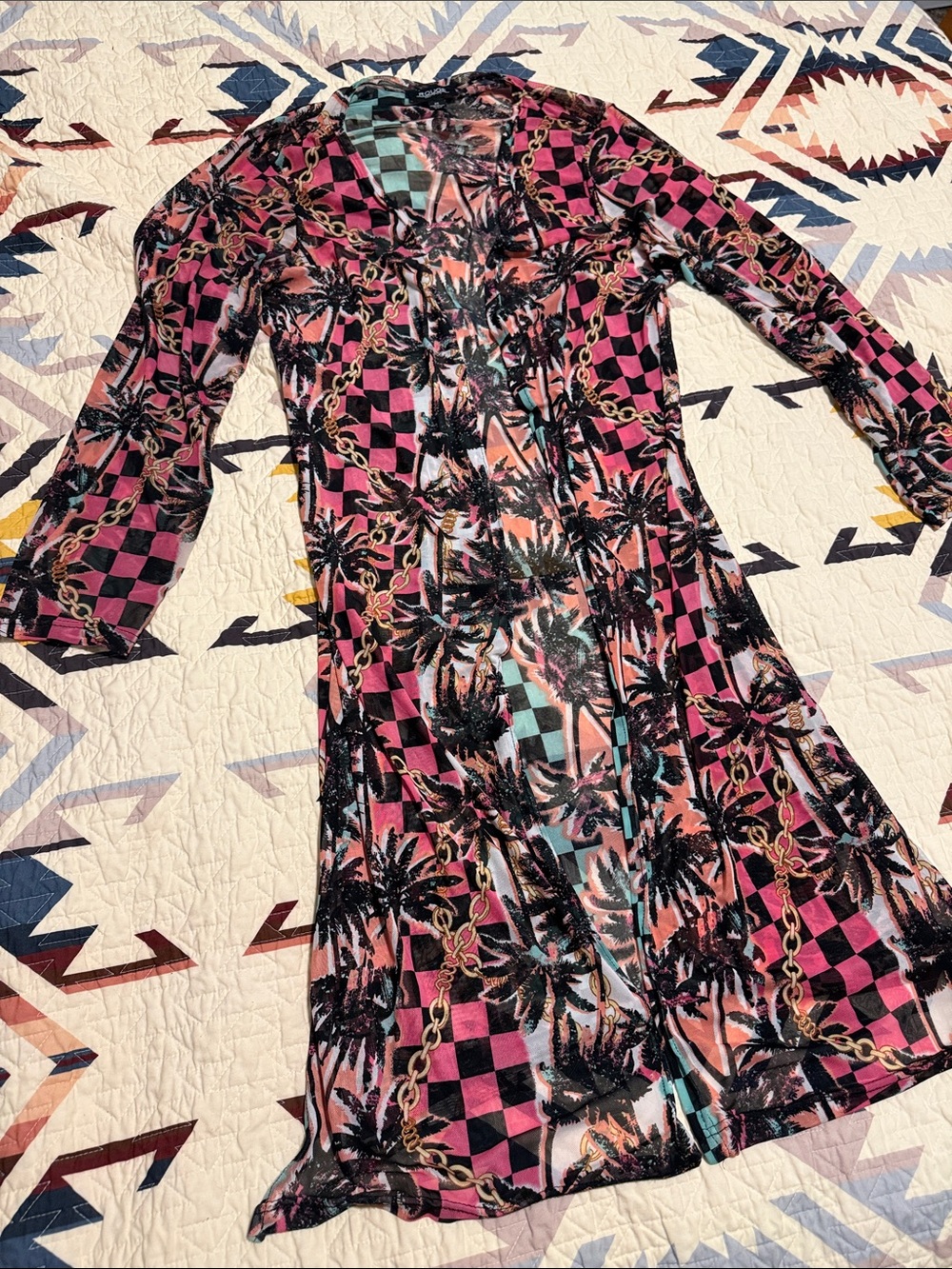 Pink Tropical Check Print Women's Kimono